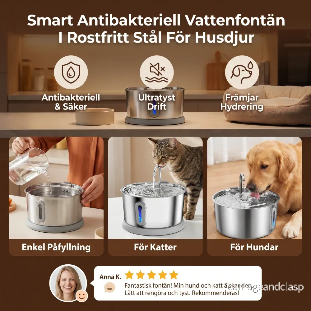 Smart Antibakteriell Vattenfontän I Rostfritt Stål För Husdjur – 4 L, Ultratyst För Bättre Vätskebalans - Bild 3