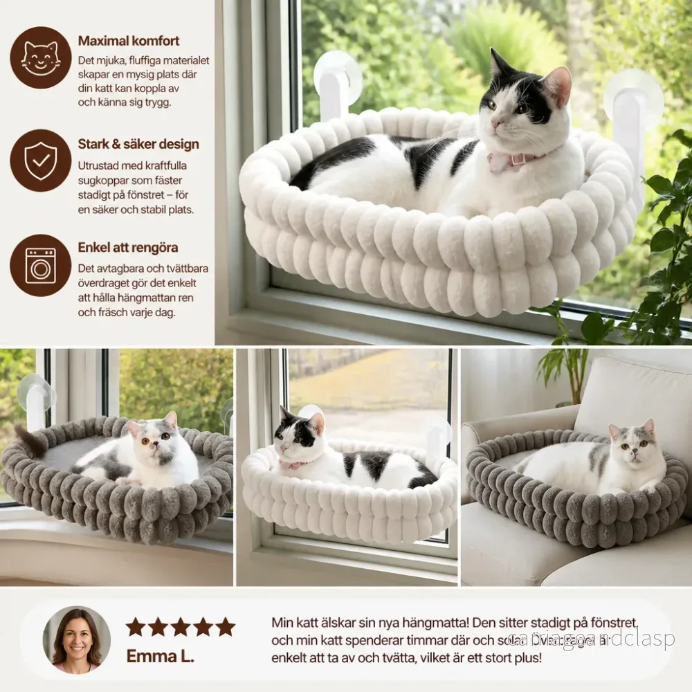 Fluffig Trådlös Hopfällbar Kattfönsterhängmatta med Starka Sugkoppar & Tvättbart Överdrag - Bild 3