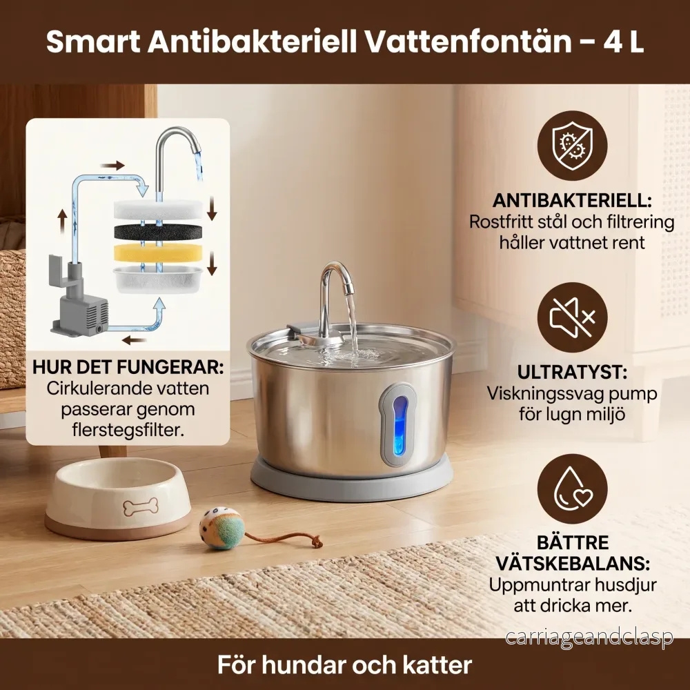 Smart Antibakteriell Vattenfontän I Rostfritt Stål För Husdjur – 4 L, Ultratyst För Bättre Vätskebalans - Bild 2