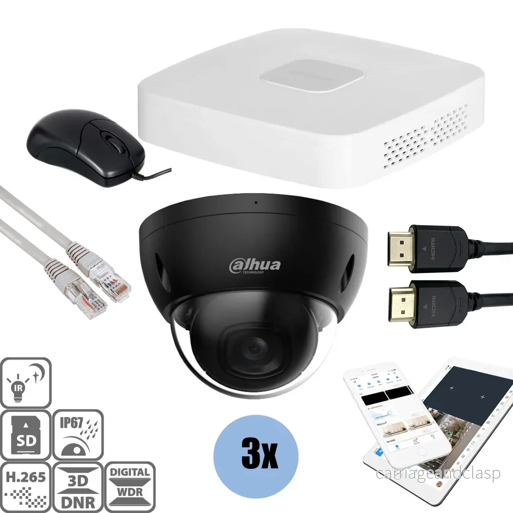 Dahua Svart kit 3x Dome 4MP + inspelare & kablage