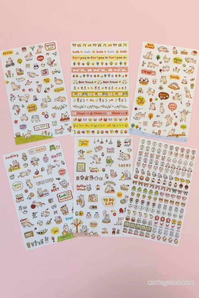 Sticker-set med orangea katter- 6 ark kawaii stickers för pyssel och dekoration Sticker-set med orangea katter- 6 ark kawaii stickers för pyssel och dekoration