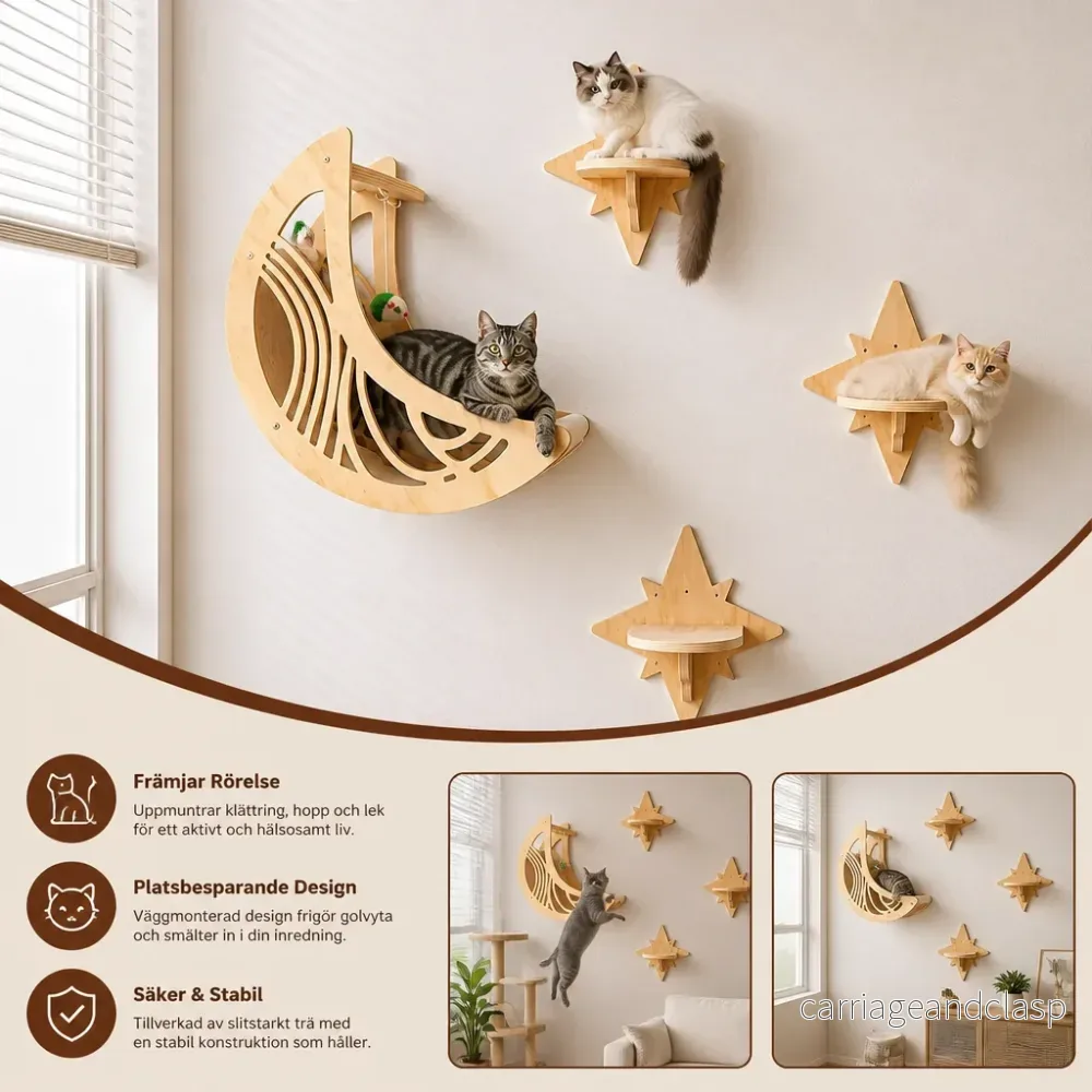 Modern Träväggmonterad Kattklätterhylla & Bäddset med Måne- och Stjärndesign - Bild 2