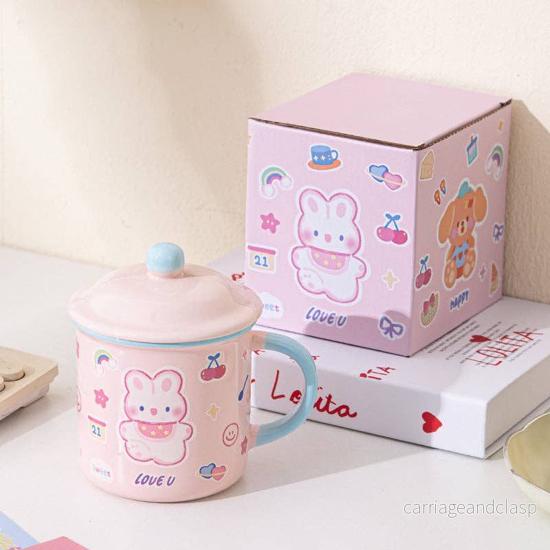 Rosa Kawaii Mugg 400 ml med Kanin och Lock Rosa Kawaii Mugg 400 ml med Kanin och Lock