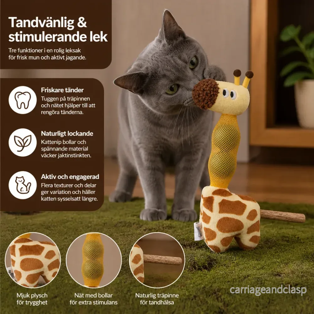 3-i-1 Tandvårdsleksak För Katter I Form Av En Giraff – Plysch, Kattmyntabollar & Naturlig Tuggpinne - Bild 2