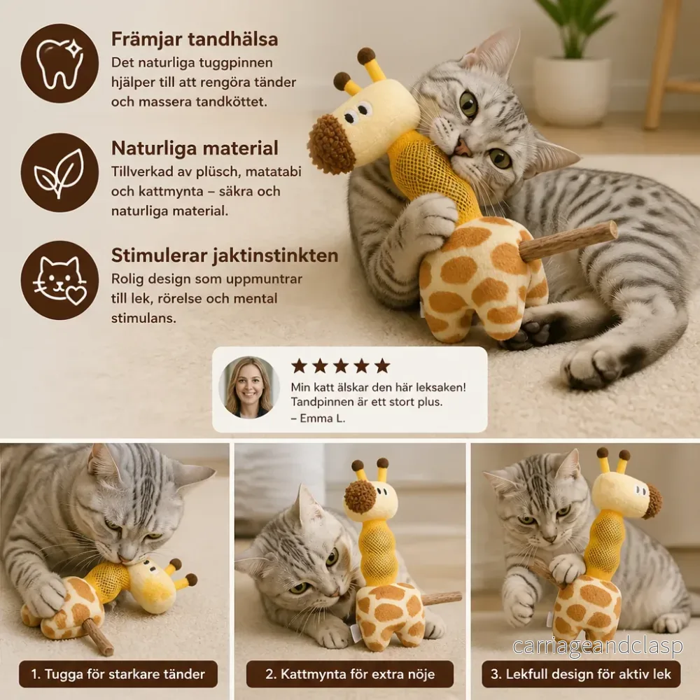 3-i-1 Tandvårdsleksak För Katter I Form Av En Giraff – Plysch, Kattmyntabollar & Naturlig Tuggpinne - Bild 3