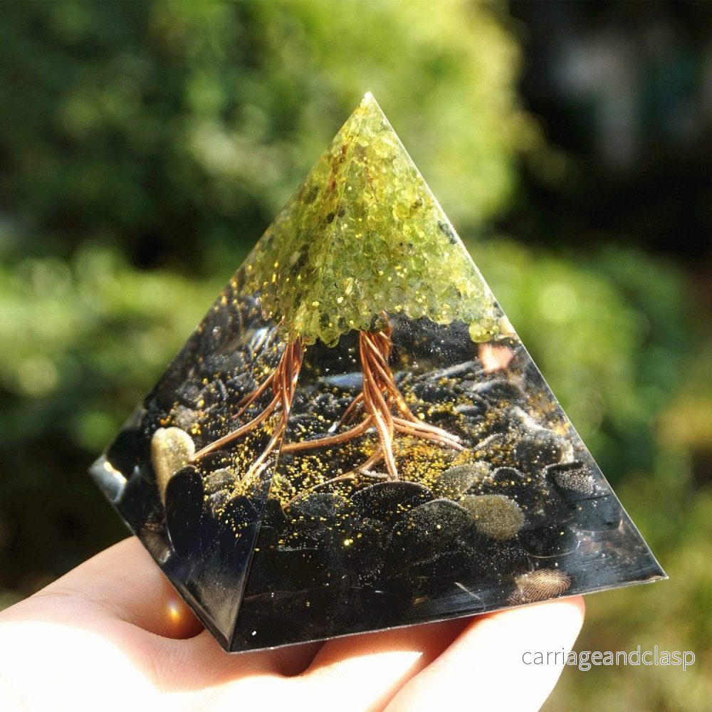 Peridot & Obsidian Livets Träd Orgone Pyramide | Veska - Bild 2