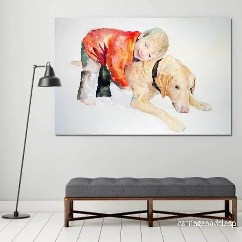 Pojke och Hund Vacker Väggkonst Canvasmålning | Veska - Bild 2