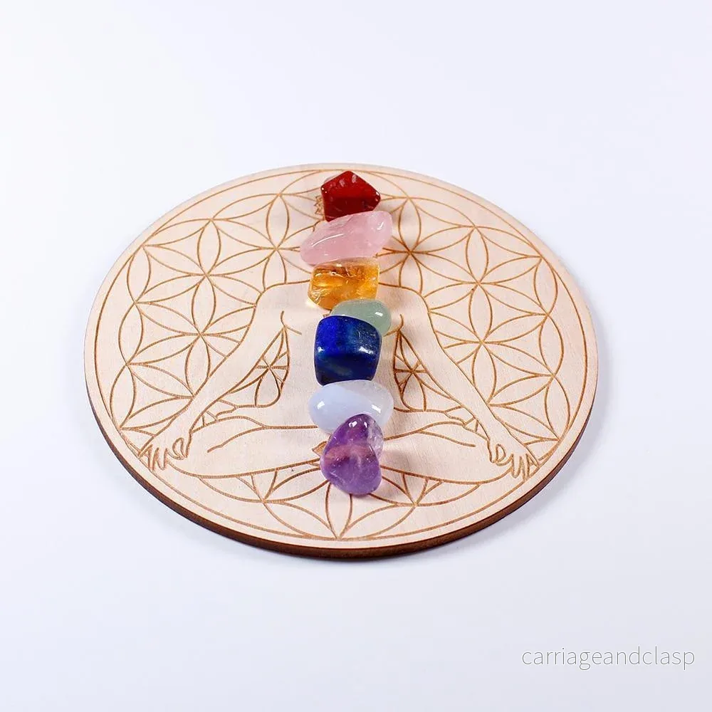 7 Chakra Healing Stones med array träplatta | Veska - Bild 2