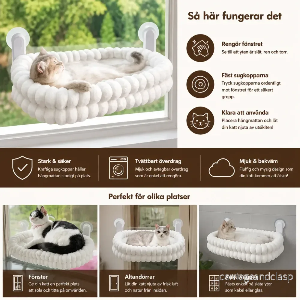 Fluffig Trådlös Hopfällbar Kattfönsterhängmatta med Starka Sugkoppar & Tvättbart Överdrag - Bild 2