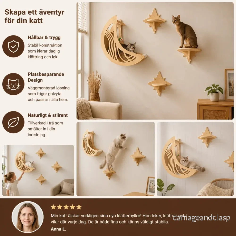Modern Träväggmonterad Kattklätterhylla & Bäddset med Måne- och Stjärndesign - Bild 3