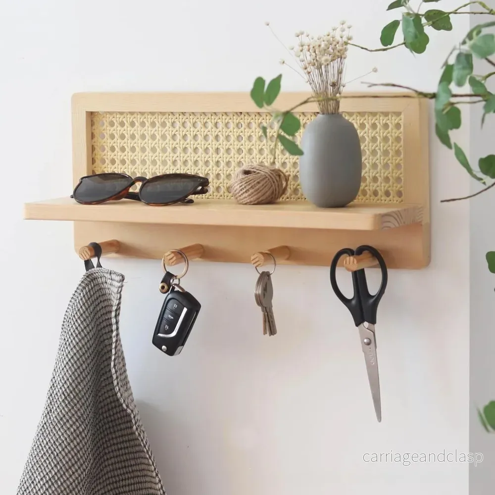 Japandi Solid Wood Rattan Vägg Hylla │ Modern Minimalistisk Hängare Kläder Nyckelhållare Förvaring | Veska Japandi Solid Wood Rattan Vägg Hylla │ Modern Minimalistisk Hängare Kläder Nyckelhållare Förvaring | Veska