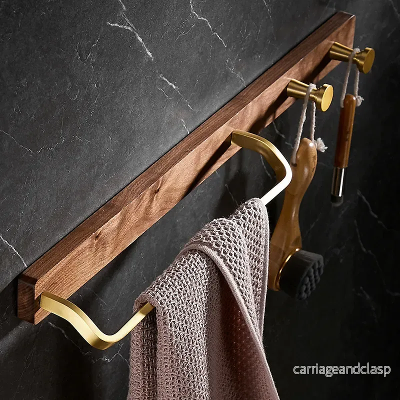 Solid Wood Nordisk Stil Badrum Handdukstång med Krokar Hängande Hylla | Veska - Bild 2