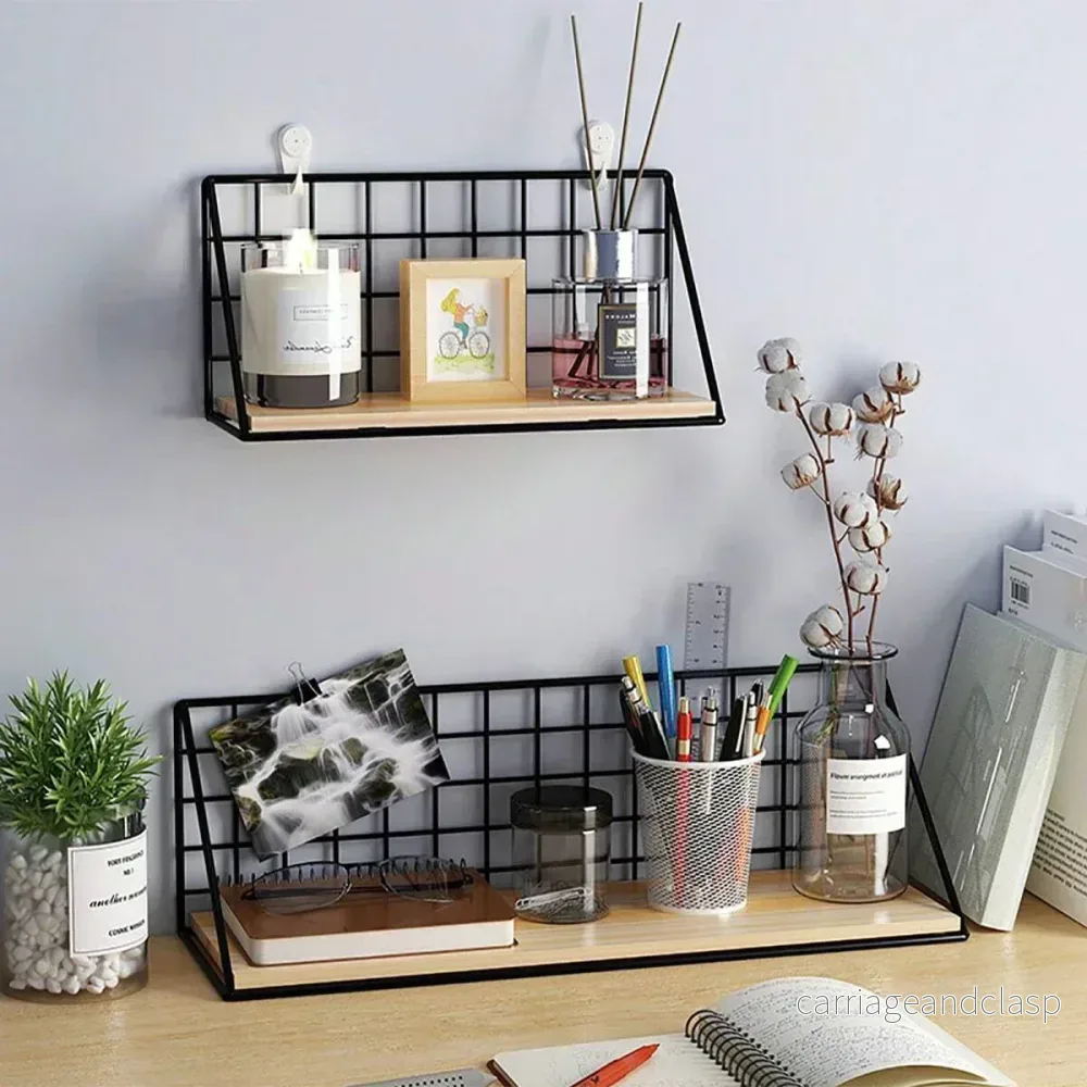 Modern vägg hylla med metallgaller och trähylla | Veska - Bild 3