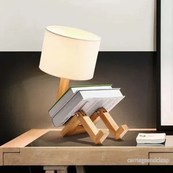 Tr ä bordslampa med bokhållare – Modern design för ditt hem | Veska - Bild 3