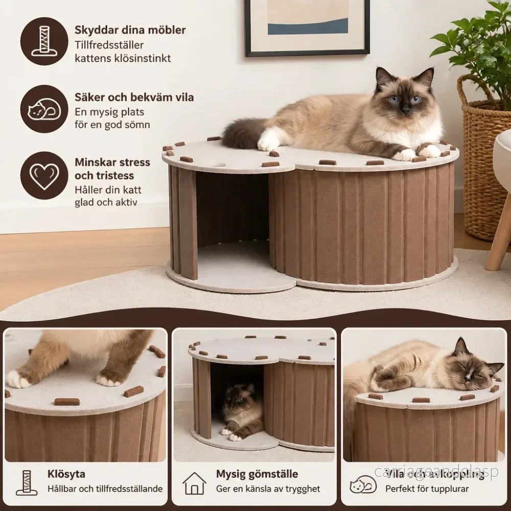 2-i-1 Interaktiv Kattbädd med Klös- och Lekgömma - Bild 2