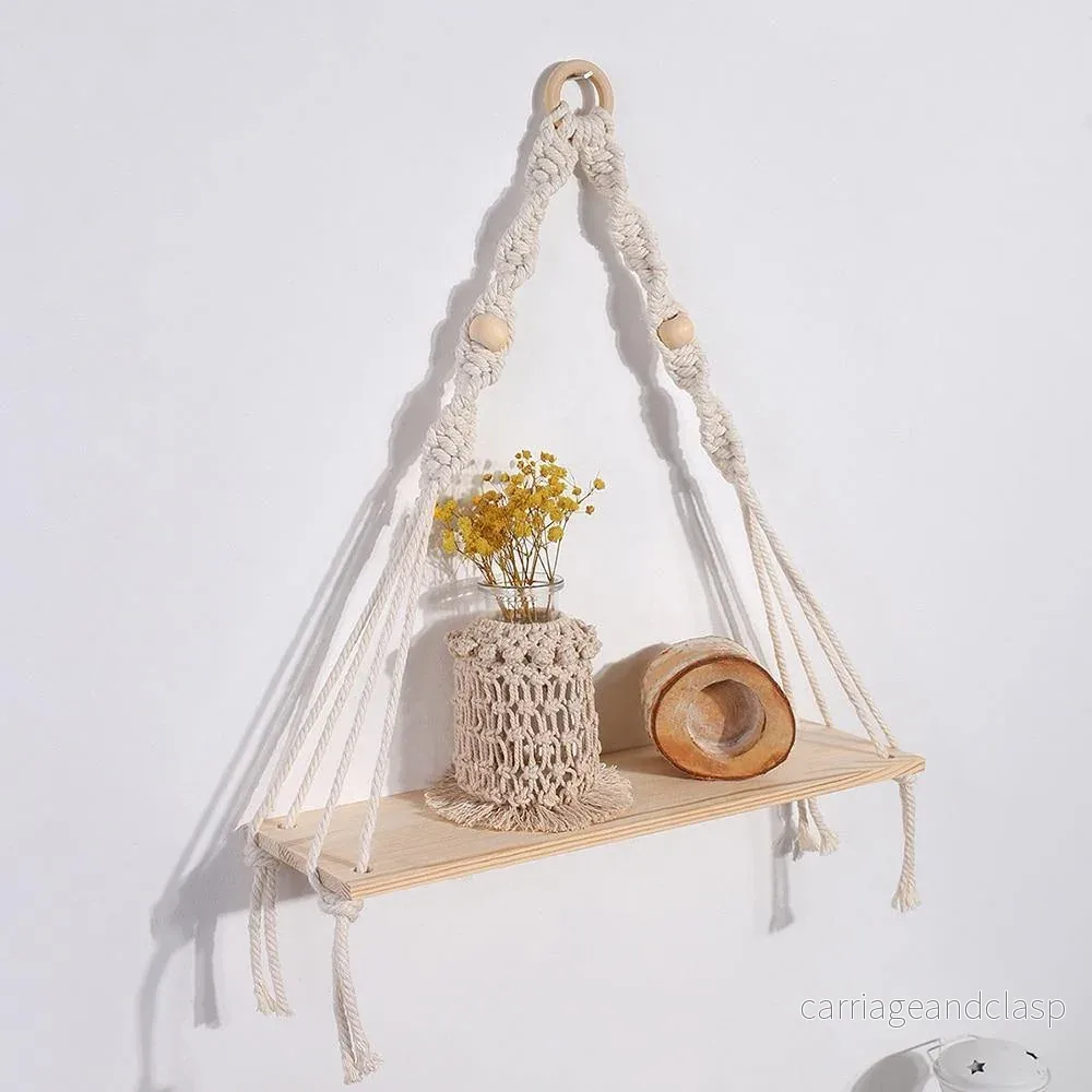 Handgjord Macrame Rep Gunga Trä Hylla | Veska Handgjord Macrame Rep Gunga Trä Hylla | Veska